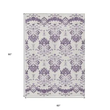 5' X 8' Purple Silver And Lilac Oriental Washable Indoor Outdoor Area Rug