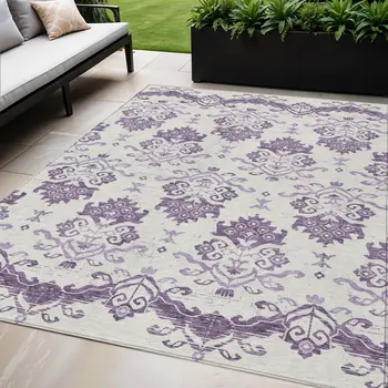 5' X 8' Purple Silver And Lilac Oriental Washable Indoor Outdoor Area Rug