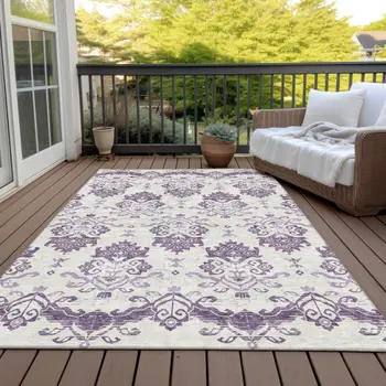 5' X 8' Purple Silver And Lilac Oriental Washable Indoor Outdoor Area Rug