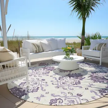 8' Purple Silver And Lilac Round Oriental Washable Indoor Outdoor Area Rug