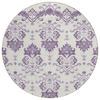 8' Purple Silver And Lilac Round Oriental Washable Indoor Outdoor Area Rug