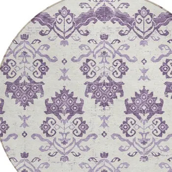 8' Purple Silver And Lilac Round Oriental Washable Indoor Outdoor Area Rug