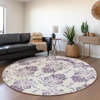 8' Purple Silver And Lilac Round Oriental Washable Indoor Outdoor Area Rug