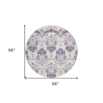 8' Purple Silver And Lilac Round Oriental Washable Indoor Outdoor Area Rug