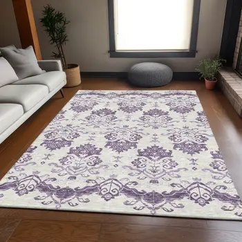 9' X 12' Purple Silver And Lilac Oriental Washable Indoor Outdoor Area Rug