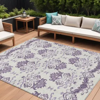 10' X 14' Purple Silver And Lilac Oriental Washable Indoor Outdoor Area Rug