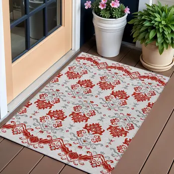 3' X 5' Red Gray And Silver Oriental Washable Indoor Outdoor Area Rug