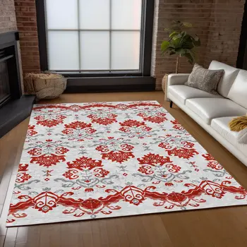 3' X 5' Red Gray And Silver Oriental Washable Indoor Outdoor Area Rug