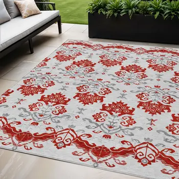5' X 8' Red Gray And Silver Oriental Washable Indoor Outdoor Area Rug