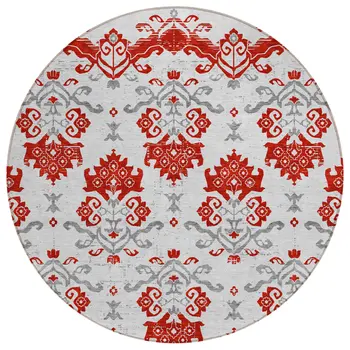 8' Red Gray And Silver Round Oriental Washable Indoor Outdoor Area Rug