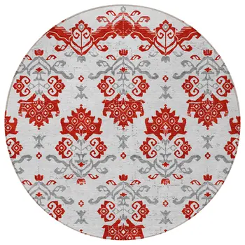 8' Red Gray And Silver Round Oriental Washable Indoor Outdoor Area Rug