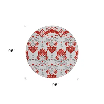 8' Red Gray And Silver Round Oriental Washable Indoor Outdoor Area Rug