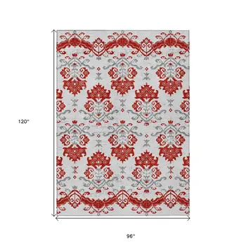 8' X 10' Red Gray And Silver Oriental Washable Indoor Outdoor Area Rug