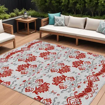 8' X 10' Red Gray And Silver Oriental Washable Indoor Outdoor Area Rug