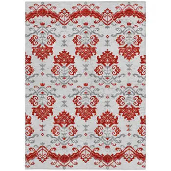 9' X 12' Red Gray And Silver Oriental Washable Indoor Outdoor Area Rug