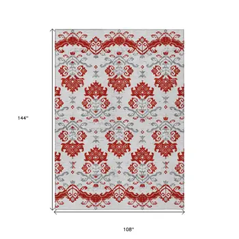 9' X 12' Red Gray And Silver Oriental Washable Indoor Outdoor Area Rug