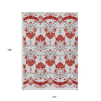 10' X 14' Red Gray And Silver Oriental Washable Indoor Outdoor Area Rug