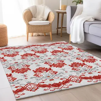 10' X 14' Red Gray And Silver Oriental Washable Indoor Outdoor Area Rug