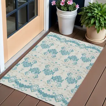 3' X 5' Teal Blue Silver And Gray Oriental Washable Indoor Outdoor Area Rug