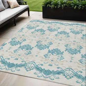 5' X 8' Teal Blue Silver And Gray Oriental Washable Indoor Outdoor Area Rug