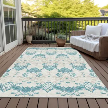 5' X 8' Teal Blue Silver And Gray Oriental Washable Indoor Outdoor Area Rug