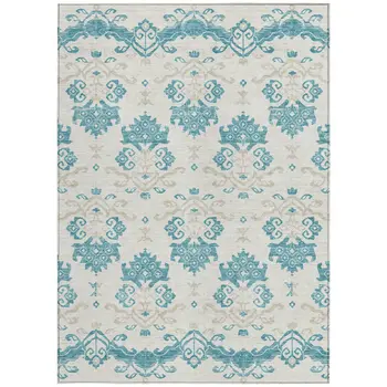 5' X 8' Teal Blue Silver And Gray Oriental Washable Indoor Outdoor Area Rug