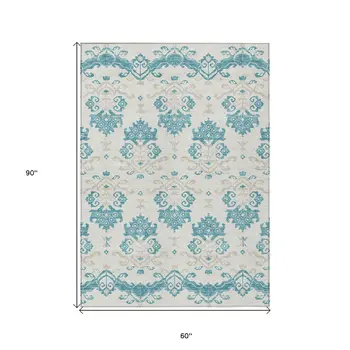 5' X 8' Teal Blue Silver And Gray Oriental Washable Indoor Outdoor Area Rug