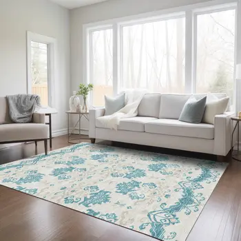 5' X 8' Teal Blue Silver And Gray Oriental Washable Indoor Outdoor Area Rug