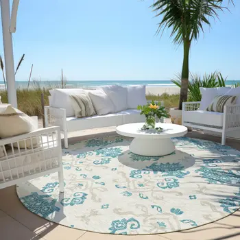 8' Teal Blue Silver And Gray Round Oriental Washable Indoor Outdoor Area Rug