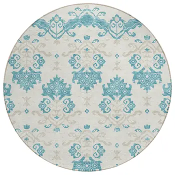 8' Teal Blue Silver And Gray Round Oriental Washable Indoor Outdoor Area Rug