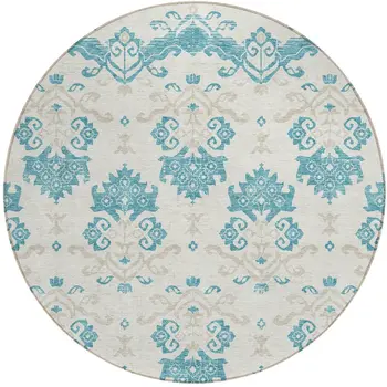 8' Teal Blue Silver And Gray Round Oriental Washable Indoor Outdoor Area Rug