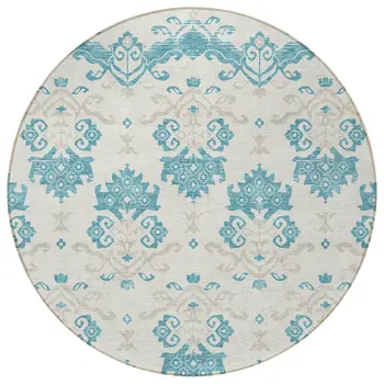8' Teal Blue Silver And Gray Round Oriental Washable Indoor Outdoor Area Rug