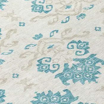 8' Teal Blue Silver And Gray Round Oriental Washable Indoor Outdoor Area Rug