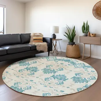 8' Teal Blue Silver And Gray Round Oriental Washable Indoor Outdoor Area Rug