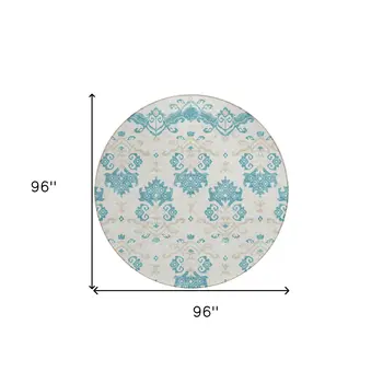 8' Teal Blue Silver And Gray Round Oriental Washable Indoor Outdoor Area Rug