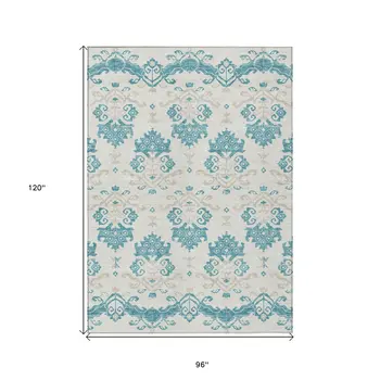 8' X 10' Teal Blue Silver And Gray Oriental Washable Indoor Outdoor Area Rug