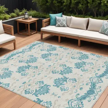 8' X 10' Teal Blue Silver And Gray Oriental Washable Indoor Outdoor Area Rug