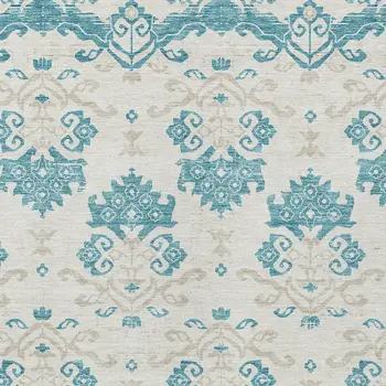 8' X 10' Teal Blue Silver And Gray Oriental Washable Indoor Outdoor Area Rug