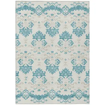 9' X 12' Teal Blue Silver And Gray Oriental Washable Indoor Outdoor Area Rug