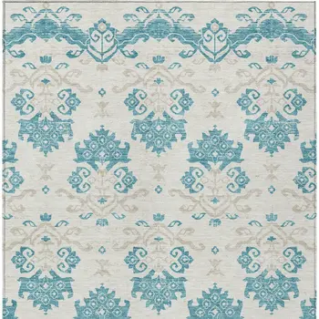 9' X 12' Teal Blue Silver And Gray Oriental Washable Indoor Outdoor Area Rug