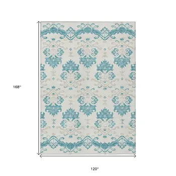 10' X 14' Teal Blue Silver And Gray Oriental Washable Indoor Outdoor Area Rug