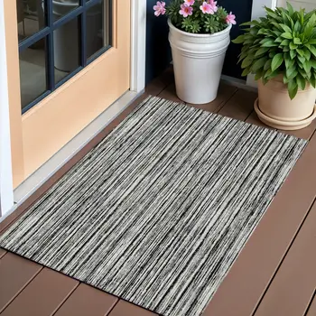 3' X 5' Black And Ivory Striped Washable Indoor Outdoor Area Rug