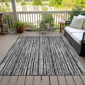5' X 8' Black And Ivory Striped Washable Indoor Outdoor Area Rug