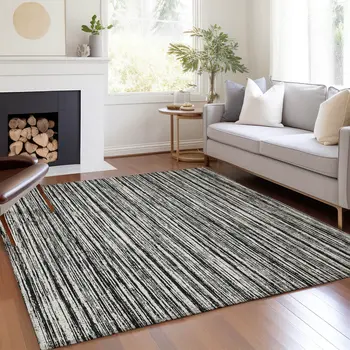 5' X 8' Black And Ivory Striped Washable Indoor Outdoor Area Rug