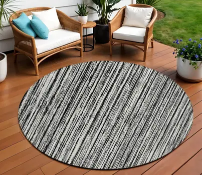 8' Black And Ivory Round Striped Washable Indoor Outdoor Area Rug