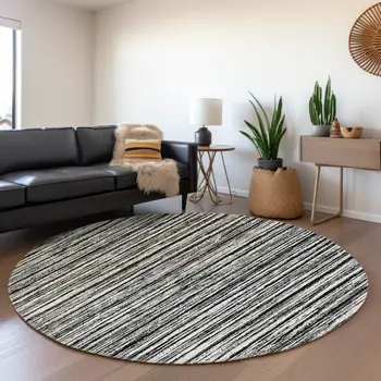8' Black And Ivory Round Striped Washable Indoor Outdoor Area Rug