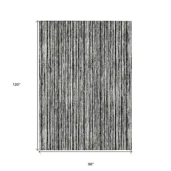 8' X 10' Black And Ivory Striped Washable Indoor Outdoor Area Rug