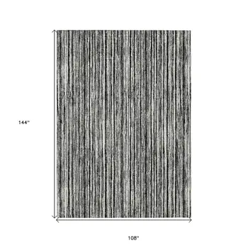 9' X 12' Black And Ivory Striped Washable Indoor Outdoor Area Rug