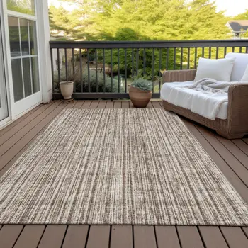 3' X 5' Brown And Ivory Striped Washable Indoor Outdoor Area Rug