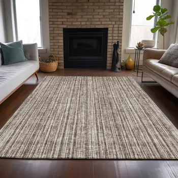 3' X 5' Brown And Ivory Striped Washable Indoor Outdoor Area Rug